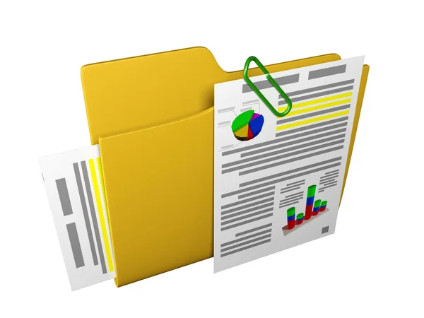 3D na obrázku: žluté složky s dokumenty a plány — Stock fotografie