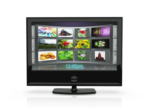3d la ilustración: el televisor con las forografías cuesta en el fondo blanco —  Fotos de Stock