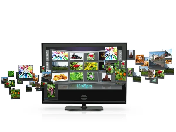 3d la ilustración: el televisor con las forografías cuesta en el fondo blanco — Foto de Stock