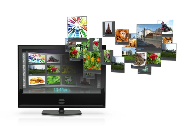 3d une illustration : le téléviseur avec des photos coûte sur un backgr blanc — Photo