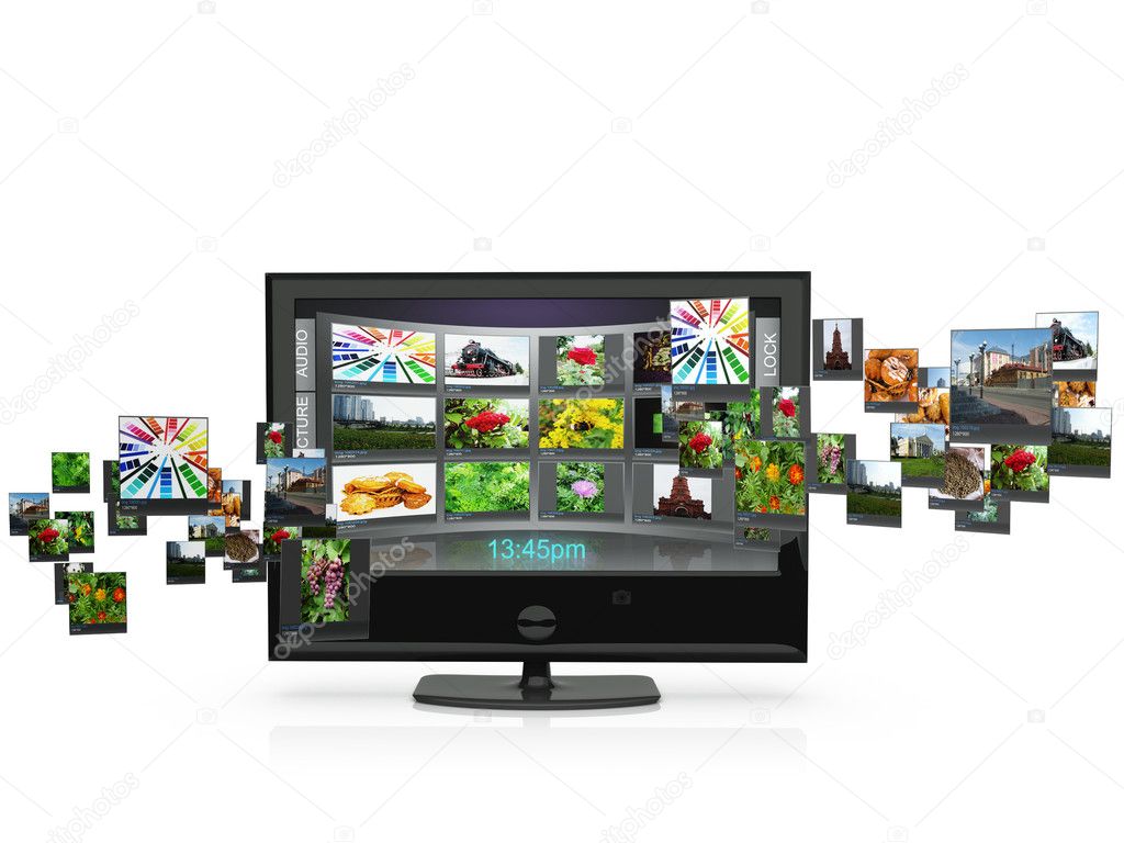 3d an illustration: the TV with pictures costs on a white backgr
