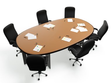 3D images: a large round table with chairs in a circle on a whit clipart