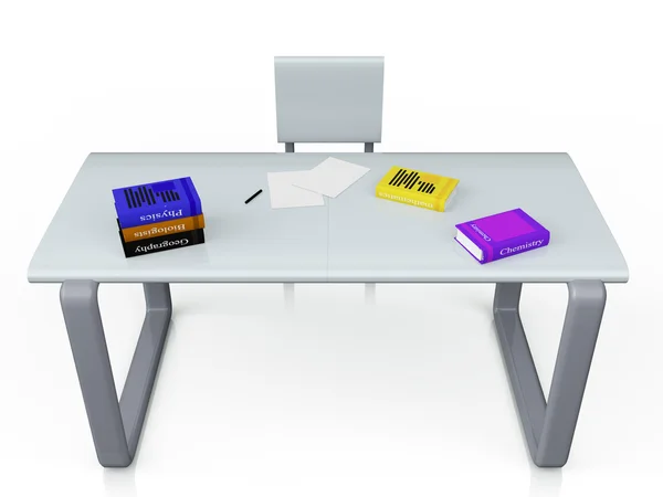 Imagem 3d em uma mesa de metal ao lado da cadeira são livros sobre um branco — Fotografia de Stock