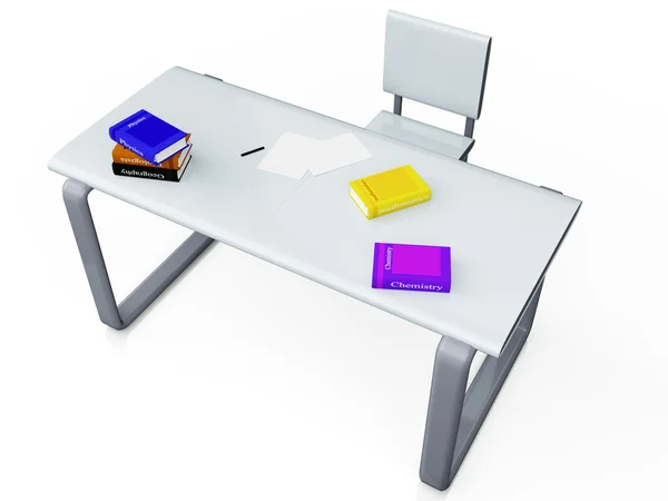 Image 3d sur une table en métal à côté de la chaise sont des livres sur un blanc — Photo