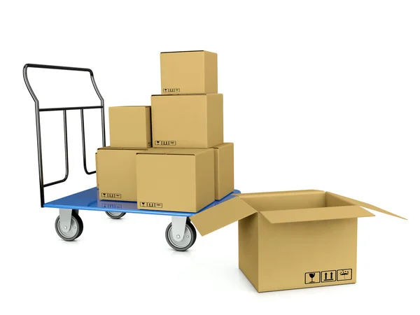 3d картинка тележка с коробками, символизирующими быструю доставку и ж — стоковое фото