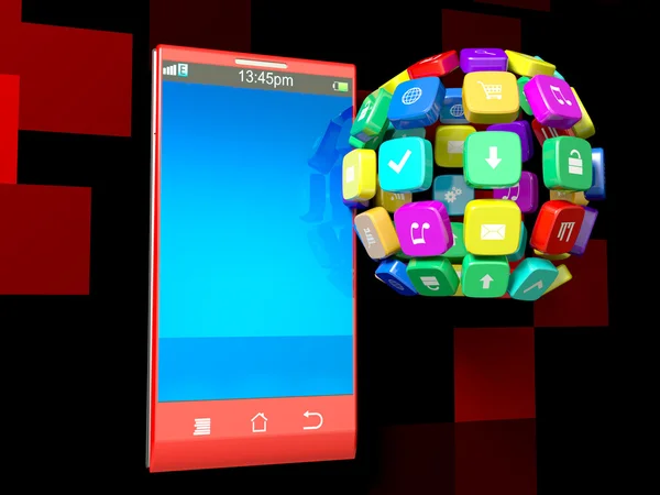 Imagen 3D: Teléfono móvil, smartphone con iconos en todo el mundo o — Foto de Stock