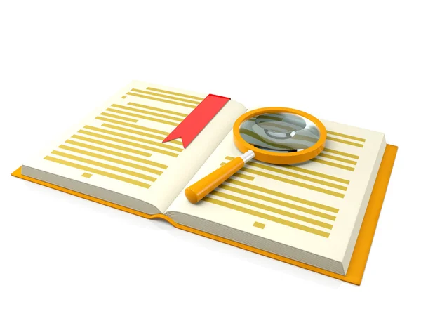 Ilustração 3d: livros sobre a mesa uma lupa — Fotografia de Stock