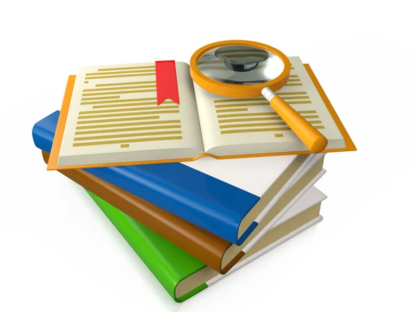 3d illustration: a group of books on the table a magnifying glas — Stock Photo, Image