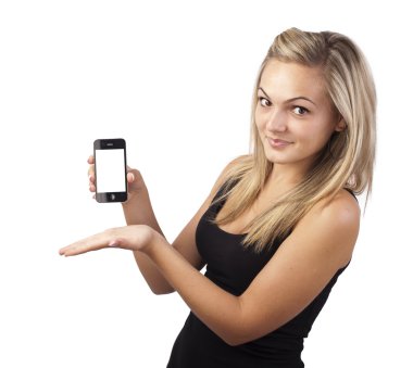 Young girl holding smartphone in her hand clipart