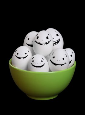 A group of funny and happy egg smiley collection in bowl with bl clipart