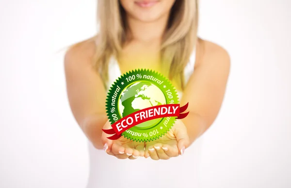 Kobieta ręce trzyma znak eco — Zdjęcie stockowe