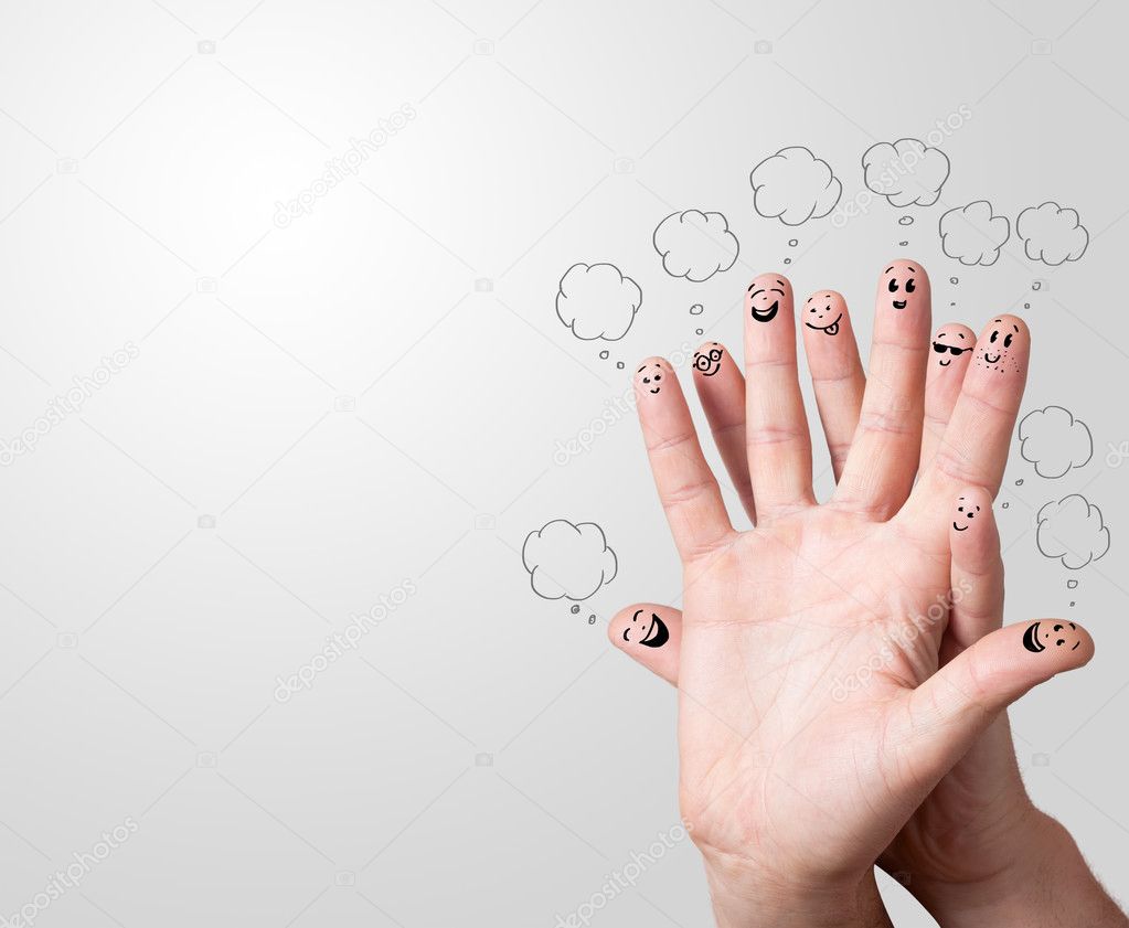 Finger smileys with speech bubbles.