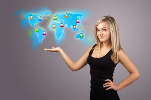 Young woman holding virtual map — Stock Photo, Image