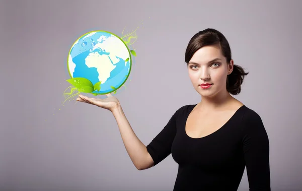 Woman holding virtual eco sign — Stock Photo, Image