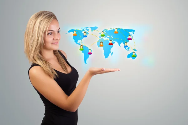 Young woman holding virtual map — Stock Photo, Image