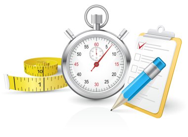 Stopwatch with clipboard and tape measure clipart