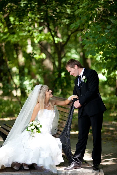 Sposa e sposo nel parco — Foto Stock