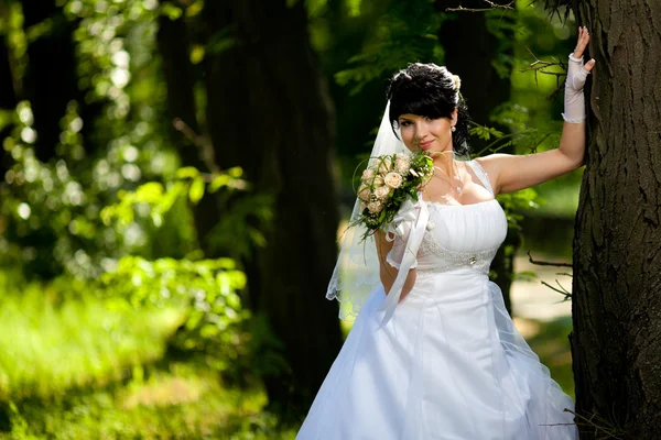 Gyönyörű menyasszony az erdőben — Stock Fotó