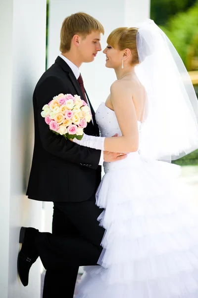 Bruid en bruidegom in de armen — Stockfoto