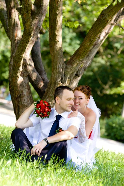 Portret van de bruidegom en de bruid in park — Stockfoto