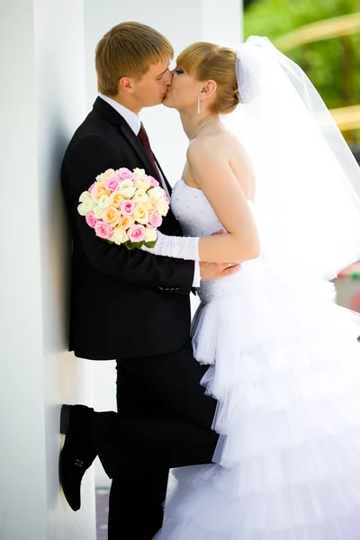 Bruid en bruidegom kussen Stockfoto