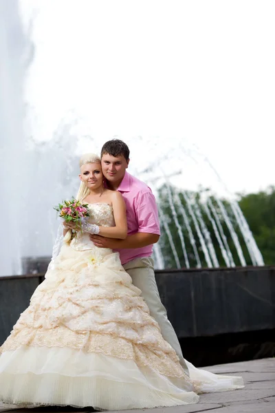 Verliebter Bräutigam und die Braut vor einem Brunnen. lizenzfreie Stockfotos
