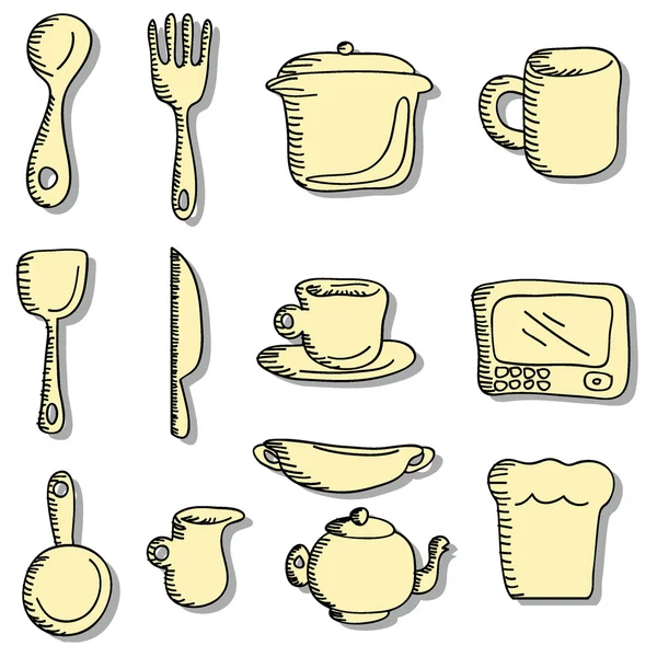Cartoon doodles voedsel en keuken spullen pictogrammen — Stockvector