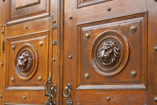 Старая деревянная дверь с деревянными головами льва — стоковое фото