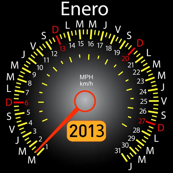 2013 année calendrier compteur de vitesse voiture en espagnol. Janvier — Photo