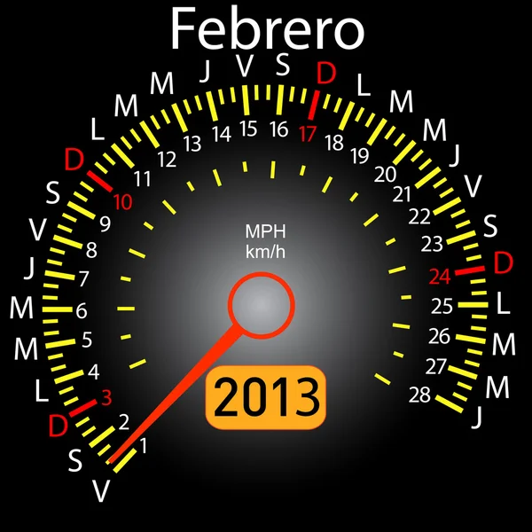 2013 année calendrier compteur de vitesse voiture en espagnol. Février — Photo