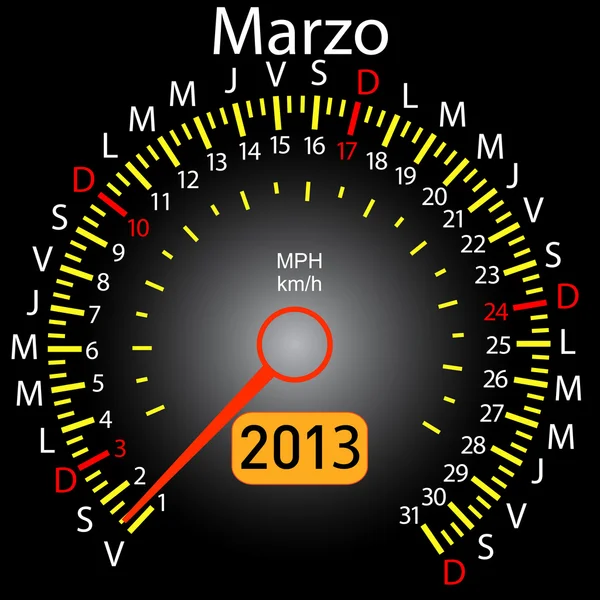 2013 year calendar speedometer car in Spanish. March — Stock Photo, Image