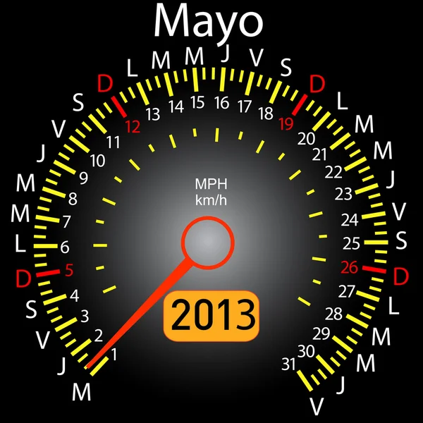 2013 roku kalendarzowego prędkościomierza samochodu w języku hiszpańskim. może — Zdjęcie stockowe