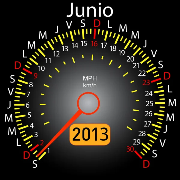 2013 anno calendario tachimetro auto in spagnolo. Giugno. — Foto Stock