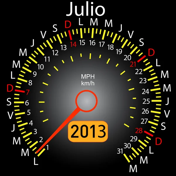 2013 년 달력 스페인어에 속도계 자동차. 7 월 — 스톡 사진