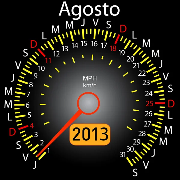2013 jaar kalender snelheidsmeter auto in het Spaans. augustus — Stockfoto