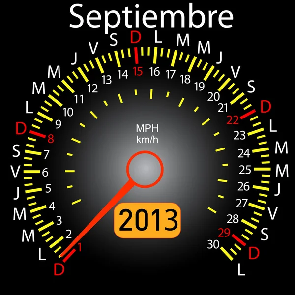 2013 jaar kalender snelheidsmeter auto in het Spaans. september — Stockfoto
