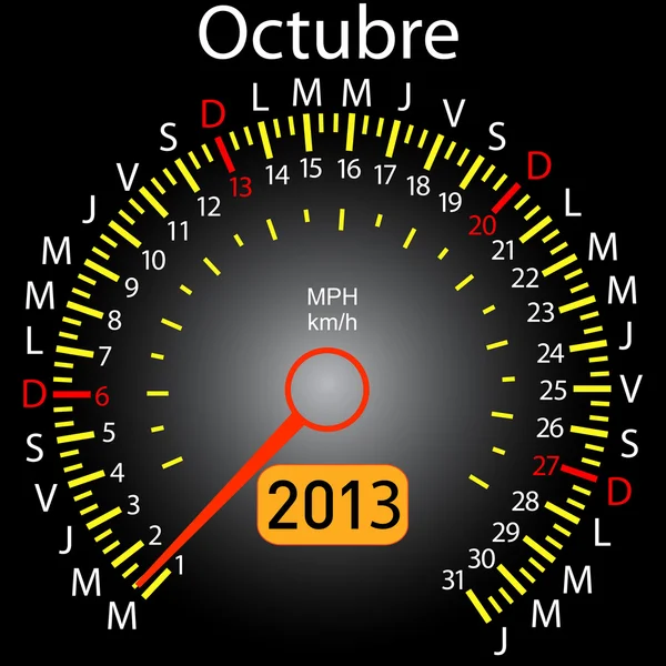 2013 jaar kalender snelheidsmeter auto in het Spaans. oktober — Stockfoto