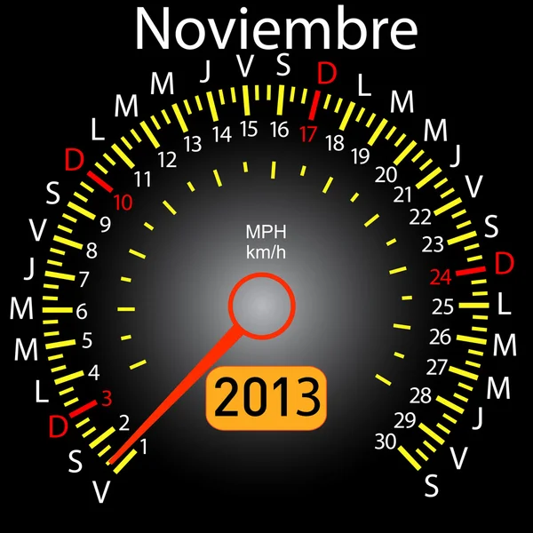 2013 roku kalendarzowego prędkościomierza samochodu w języku hiszpańskim. listopada — Zdjęcie stockowe