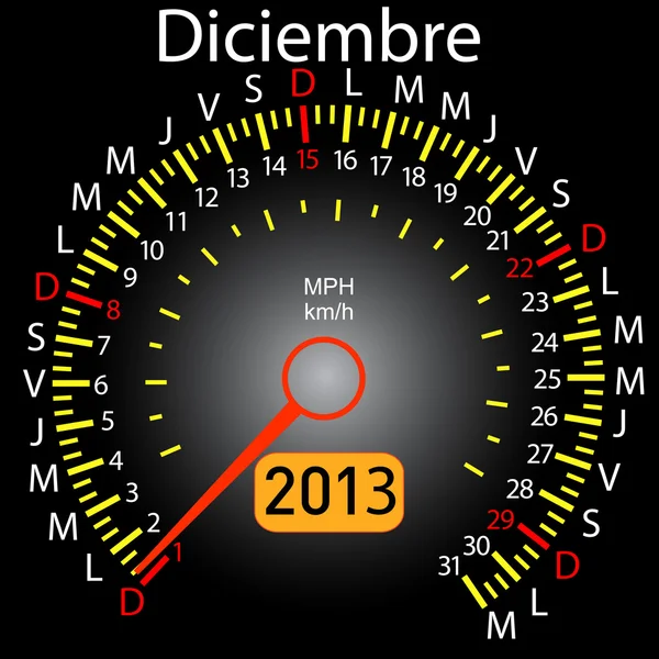 2013 année calendrier compteur de vitesse voiture en espagnol. Décembre — Photo