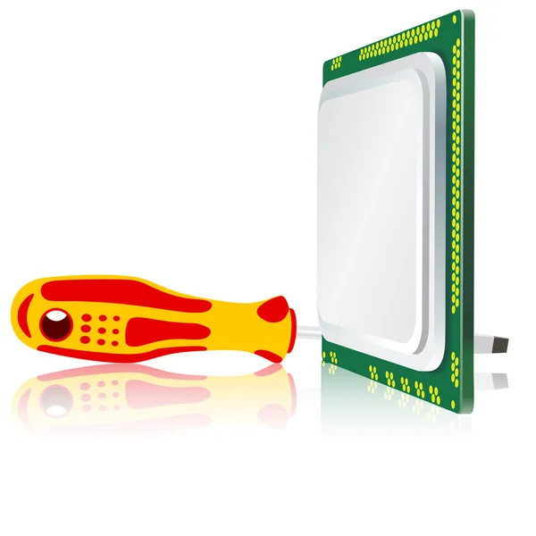 Cacciavite e processore per computer su sfondo bianco — Foto Stock