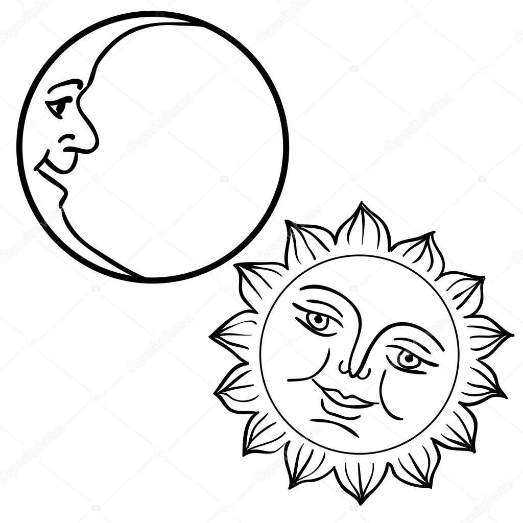  illustration of Moon and Sun with faces