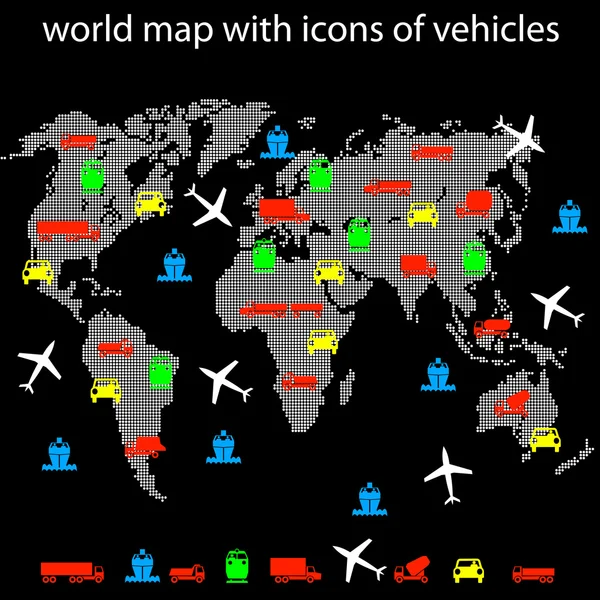 Weltkarte mit Verkehrssymbolen für unterwegs — Stockfoto