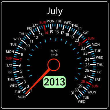 2013 year calendar speedometer car in July