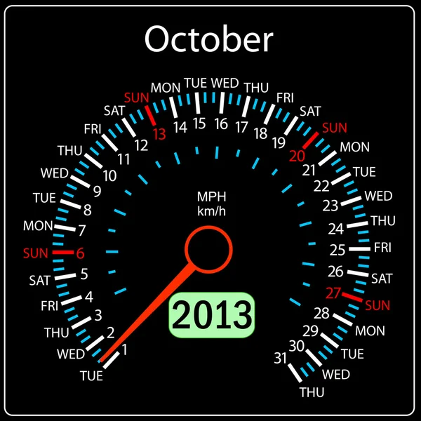 2013 year calendar speedometer car in October — 图库照片