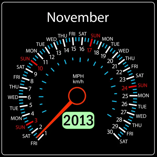 2013 ano calendário velocímetro carro em novembro — Fotografia de Stock