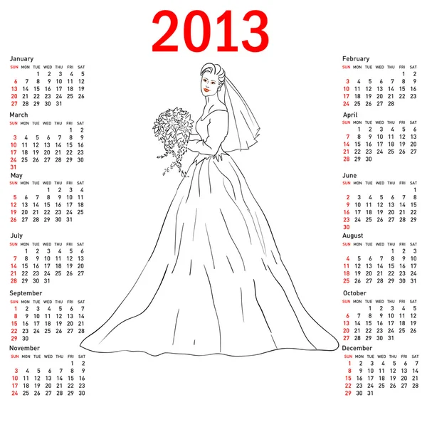 Stijlvolle kalender bruid in trouwjurk wit met bouquet voor 2 — Stockfoto