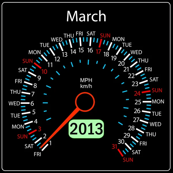2013 año calendario velocímetro coche en marzo — Foto de Stock