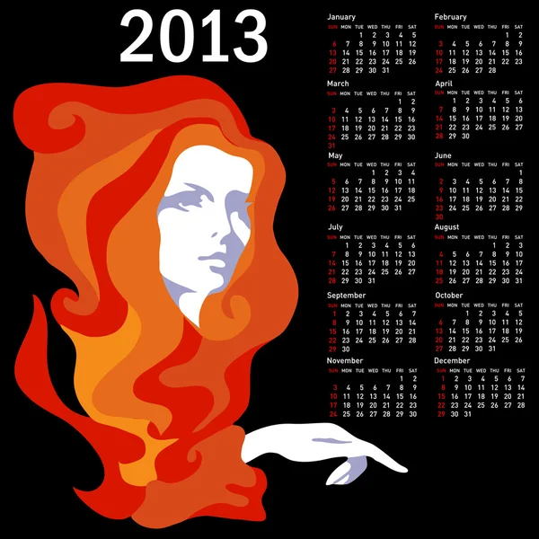 Stijlvolle kalender met vrouw voor 2013. week begint op zondag. — Stockfoto