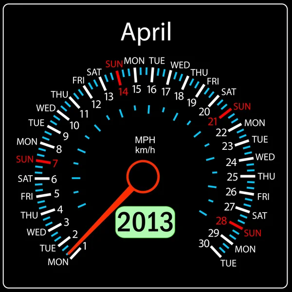2013 ano calendário velocímetro carro em abril — Fotografia de Stock