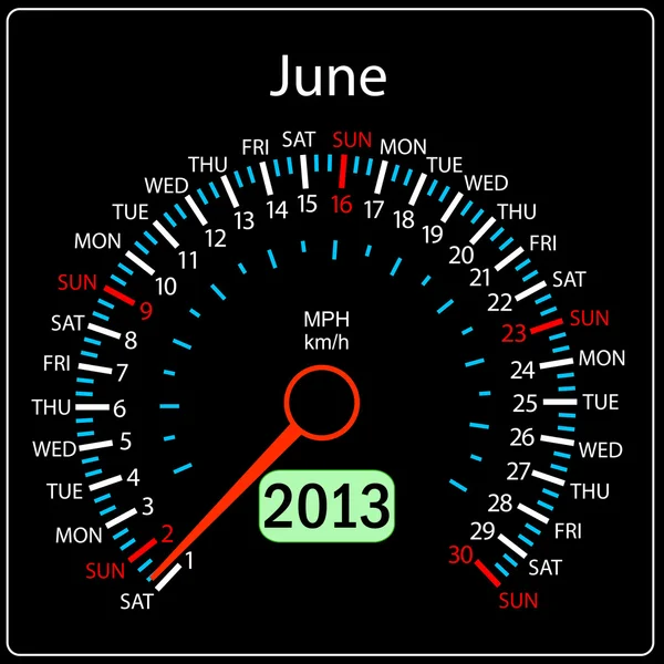 2013 рік календарний спідометр автомобіля в червні — стокове фото